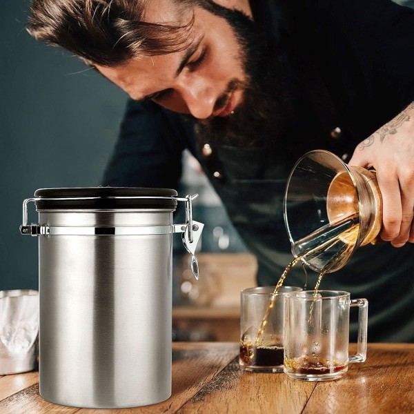 Hermetisk kaffebøtte - Kaffebønnebeholder med CO2-ventil - med måleske - 1,8 L (sølv)