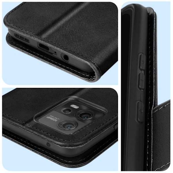 Etui til Motorola Moto G72 med pung og videostativ Håndledsrem Sort Svart