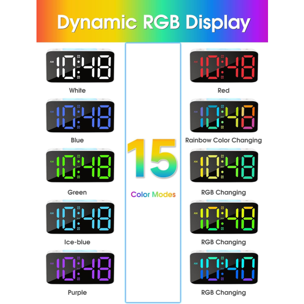 Superhög väckarklocka för tunga sovande vuxna, digital klocka med 7-färgs nattljus, justerbar volym, dimmer, USB laddare, små klockor för sovrum