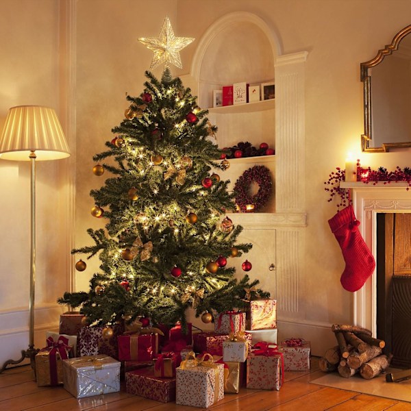 1 stjerne for juletretopp i gull med glitter og 10 LED-lys, juletrepynt