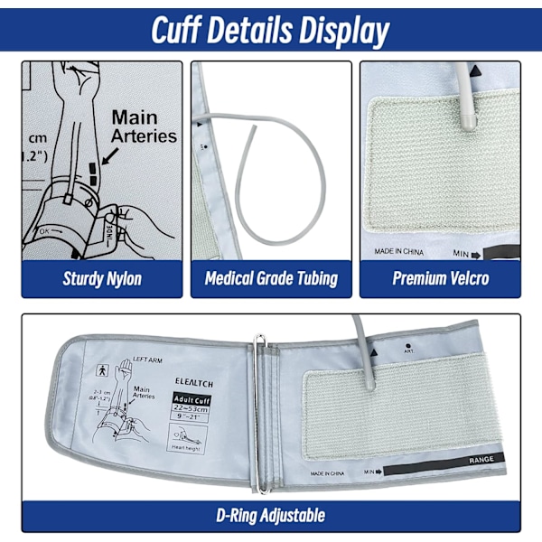 Extra stor manschett kompatibel med Omron 9201d-21201d tum (22-53 cm) XL blodtrycksmanschett för vuxna ARM BP ersättningsmanschett för stor ARM, grå