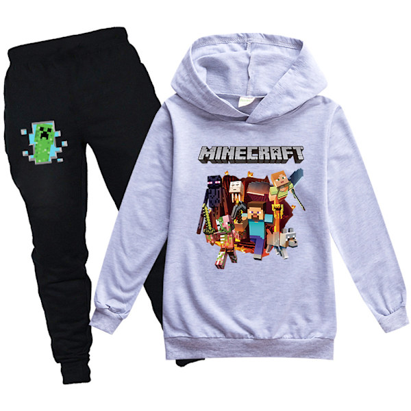 Barn Dreng Minecraft Træningsdragt Hoodie Top + Bukser Outfit Halloween grå grey 150cm