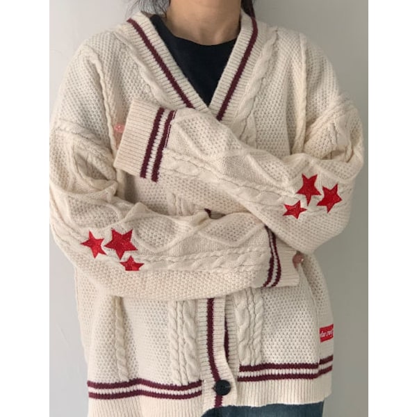 Taylor Swift Star Folklore Cardigan Stjärnbroderad Oversized Stickad Knapptröja Röd Red XL