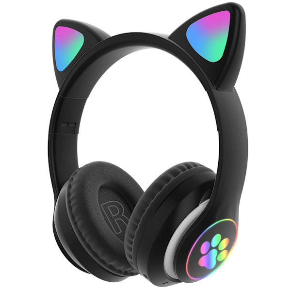 Flash Light Cute Cat Ears Wireless Earphones with Mic Can Control LED Black