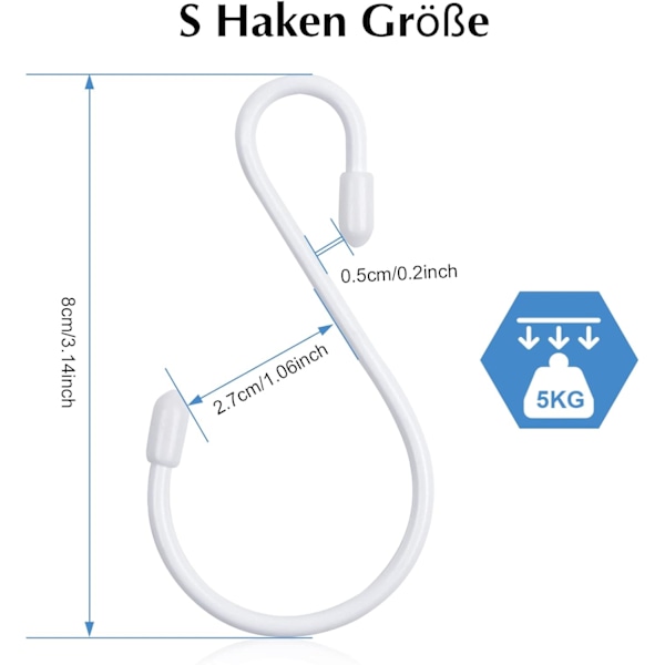 12-pakning S-formede kroker hvite 8 cm små kjøkkenkroker metallkroker maks loa