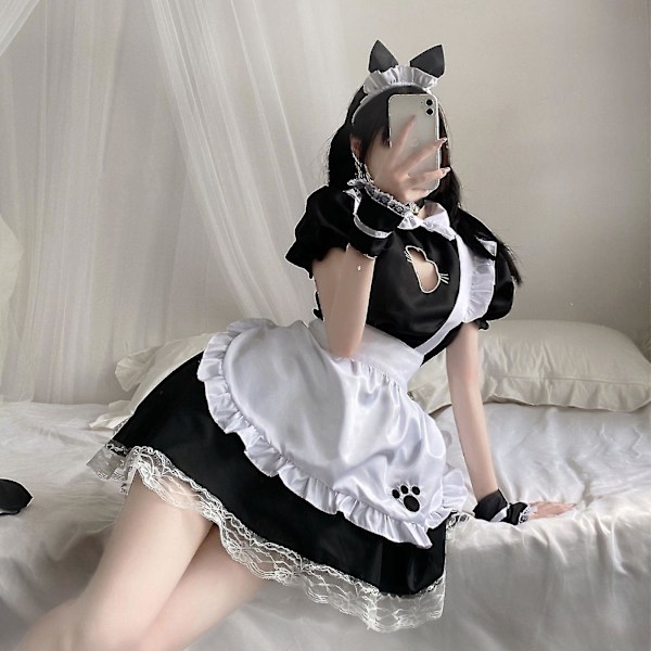 Ny sexy Lolita Maid-kjole søt hul katt dame jenter kjole Anime Cosplay kostyme S-3xl L