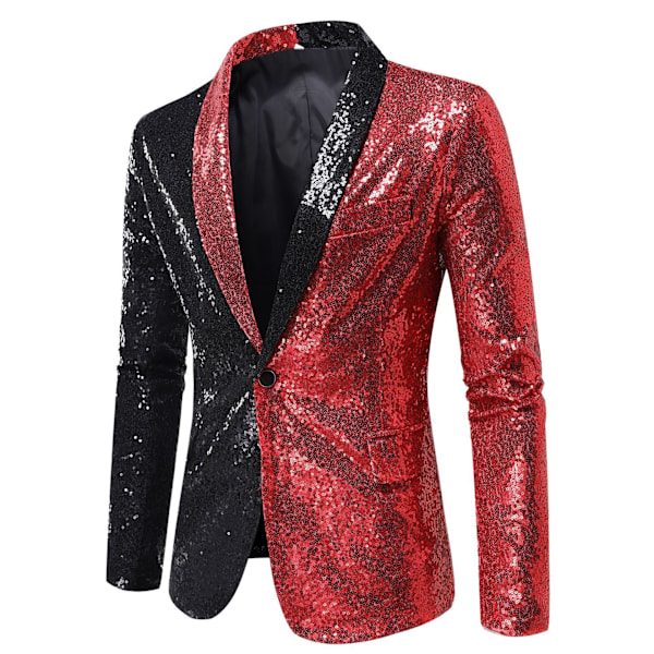 Sequin Glitter Blazer for menn En knapp spisskrage Smokingjakke svart og rød XXL black and red