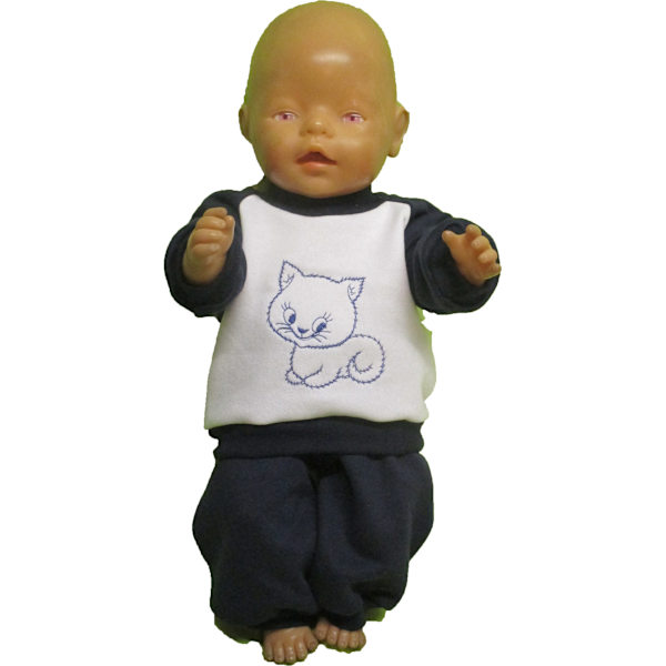 Mörkblå/vit joggingdress med katt för Baby Born, dockkläder. kattmotiv mörk-blå/vit