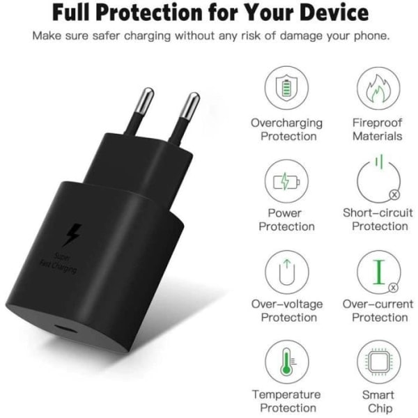 CQBB 25W USB-C Hurtiglader + 1M USB-C til USB-C Kabel Svart for Samsung Galaxy S10 S10+ S10e S9 S9+