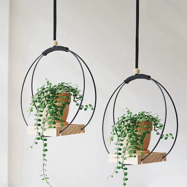 2 stk. Hængende Blomsterpottehylde med Indendørs Hængende Blomsterpotter, Balkon Dekoration, Planter, Stue, Træhylde, Hængende Kurv (Rund * Sort)