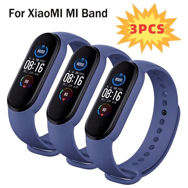 3 stk klokkebånd for Mi Band 7 6 5 4 3 Armbånd Xiaomi Mi Band Rem Silikon Sport Erstatningsarmbånd Smartklokke Tilbehør Midnatt Blå 3 stk Mi band 3 Midnight blue 3PCS