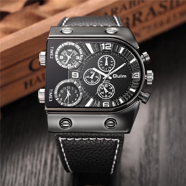 Oulm Klokker Herre Quartz Casual Læderrem Armbåndsur Sport Multi-Time Zone Militær Man Ur erkek saat Drop C3(with box)