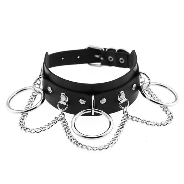 Läder Choker Metall Ring Kedja Halsband, Justerbart Halsband