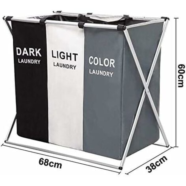 Foldbar vaskeromskurv Trippel vaskeromskurv 3 avtakbare poser (155L) med stoffhåndtak for baderom Hjemmevask 68x38x60cm (Grå Hvit Svart)