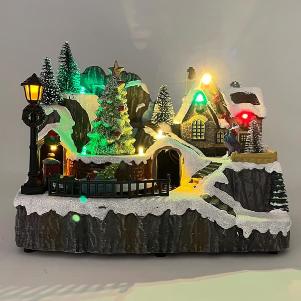 Julelandsby med tog i harpiks, samlefigur med LED-belysning (Juletre)-FA- E