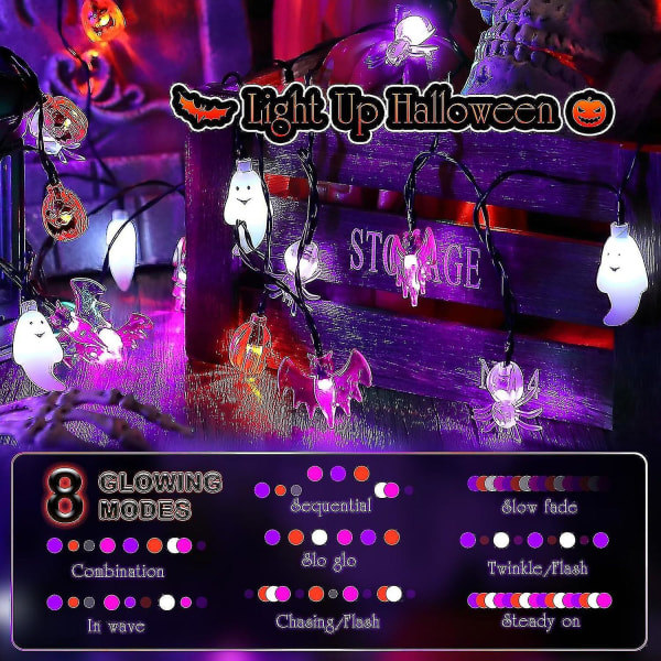 Halloween Solcellslampor Utomhus, 8 Lägen 26ft 40 Led Pumpa Fladdermus