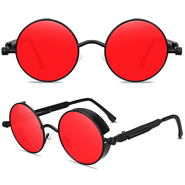 Runda objektivsolglasögon Fashion Circle Ozzy Hippie-glasögon Black Frame Red Lenses