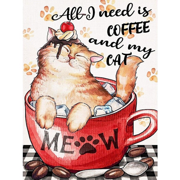 30x40CM Håndlaget 5D Art Diamond Maleri - Kaffe Kopp Katt, Passer for Voksne og Barn