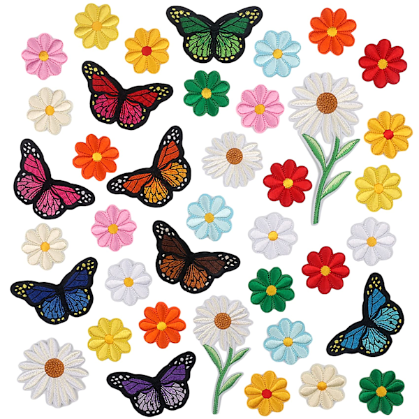 39 stk blomsterbroderte strykemerker Sommerfugl Daisy Applikasjon Dekorasjon Sy merker for klær vesker luer jakker hatt Jean