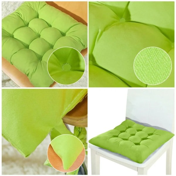Set med 4 stolpute 40x40cm firkantede grønne sittepute med bånd