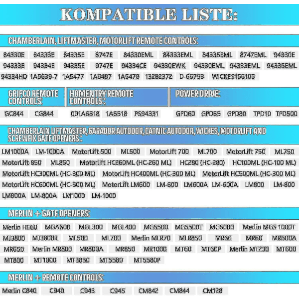2-pack utbytes handhållen Chamberlain Liftmaster Motorlift garagedörrsändare 94335e | 84335e | Ml700 | Ml500 | Ml850 | Merlin C945 | C840 Se