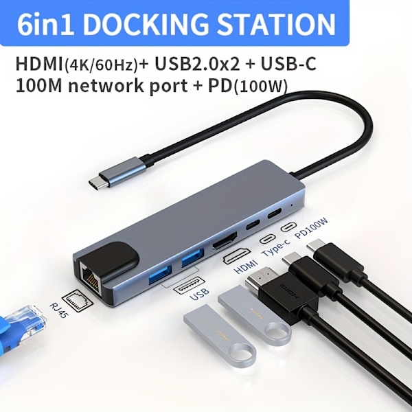 Kannettava tyypin C -keskitin, moniporttisovitin HDMI-, USB-, PD-, TYPE C-, RJ45 Ethernet -porteilla, 6-in-1 USB C -telakka Dell