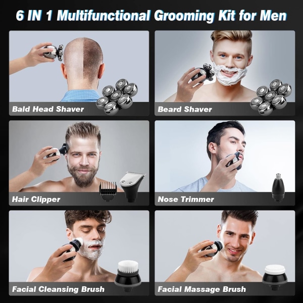 7D skalp-barbermaskin for menn, Beedove 6-i-1 våt/tørr elektrisk barbermaskin for ansikt og hode