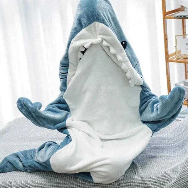 Shark filt-hoodie onesie for voksne og barn, koselig flanell hai-drakt hai sovepose *H blå blue blue M