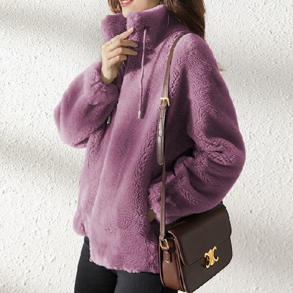 Dam Fleece Fluffig Teddybjörnjacka Enfärgad Fickjacka Ytterkläder Lila S Lila
