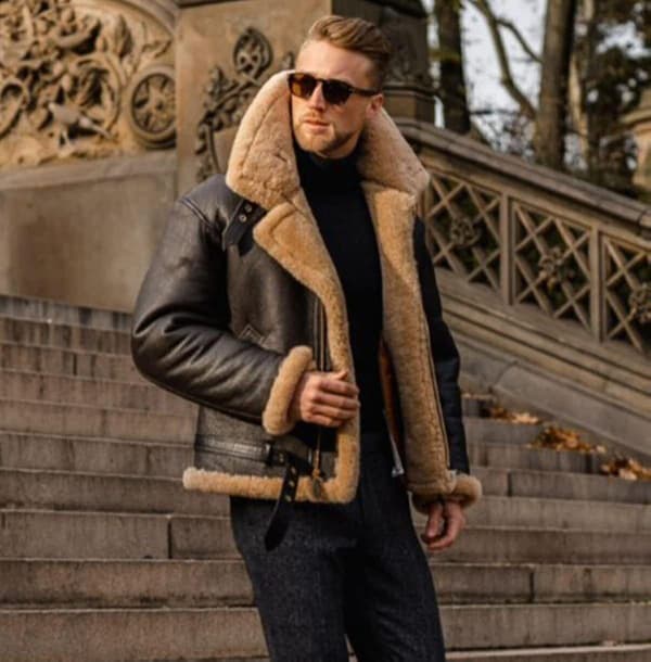 HERR Kamel Snygg Flygande Läderjacka, Slim Fit Shearling Pilot Bomber Jacka-FA11- XL