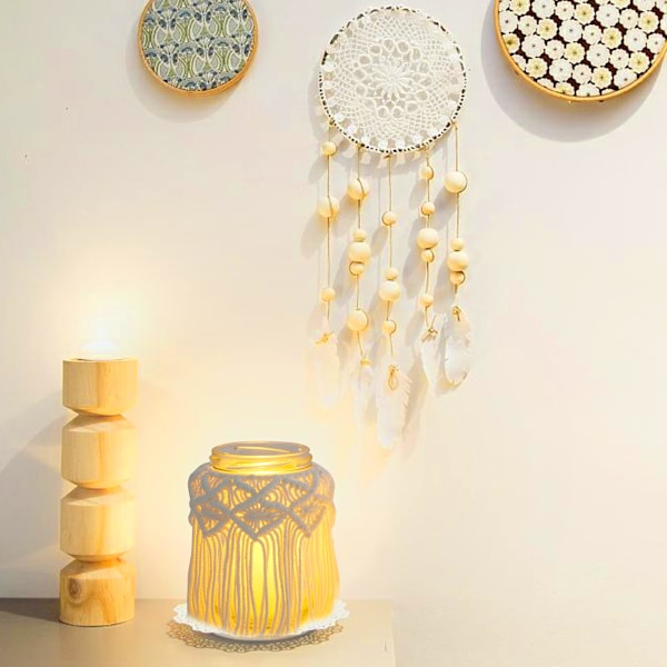 Makramé Lysholder Girlang, 2 stk. Teelys Dekorative Lys, Beige Boho Dekorativ Balkon til Lys og Tørrede Blomster (A)