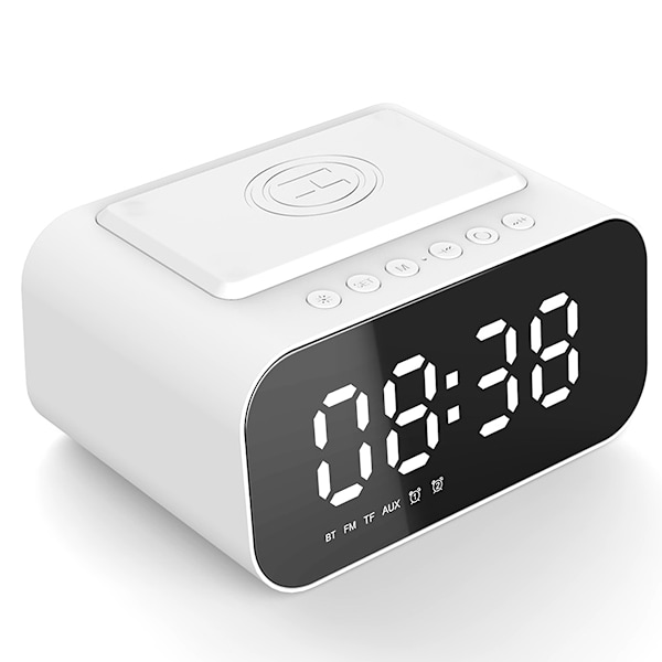 3 i 1 digital vekkerklokke trådløs lading, LED-lader-høyttaler, Bluetooth -høyttaler med LED-skjerm, klokkealarm Power Bank-høyttaler for hjemmet, white