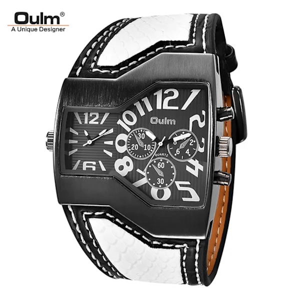 Oulm Klokker Toppmærke Luksus Militær Quartz Ur Unik Multipel Tidszone Lærarmbånd Herrearmbåndsur Relogio Masculino White Black