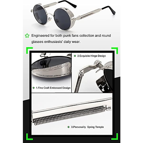 Retro Runde Cirkel Polariseret Steampunk Solbriller Herre Dame Uv400 s Black and gray
