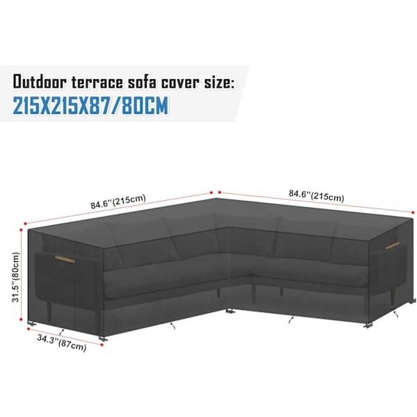 Vanntett sofadekke, utemøbeltrekk hagemøbler presenning møbelbeskyttelse L-formet hjørnesofa dekke passer 215x215x87cm