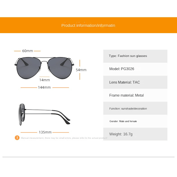 Klassiske polariserte solbriller Mote farge film solbriller Unisex Aviator solbriller Gullram full Grå PG3026 Gold frame full Gray