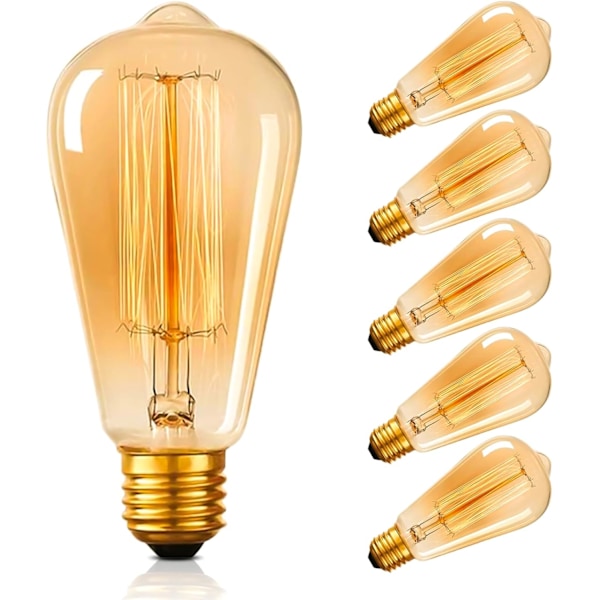 ST64 Vintage-hehkulamput E27 Edison-kierrekannalla, oravanhäntäinen filamenttilamppu, 2700K lämmin valkoinen himmennettävä, 6-pakkaus [Energialuokka G] 40,0 wattia