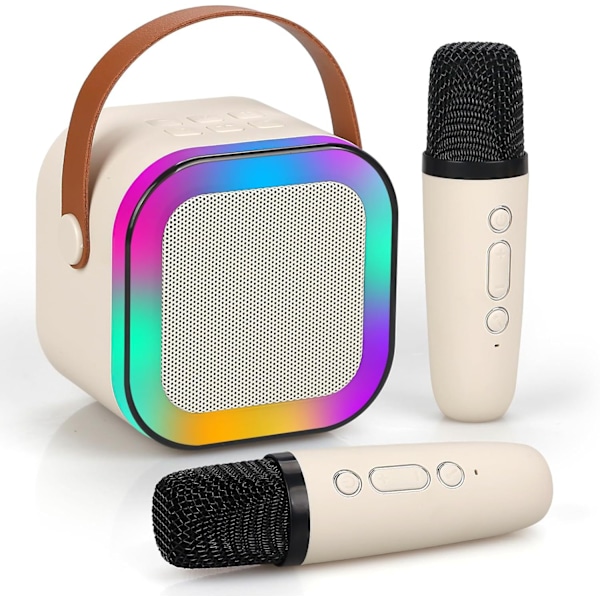 Mini Karaoke-maskine til børn og voksne, bærbar Bluetooth-karaokehøjttaler med 2 trådløse mikrofoner, perfekt gave til pigers fødselsdagsfest Off-white