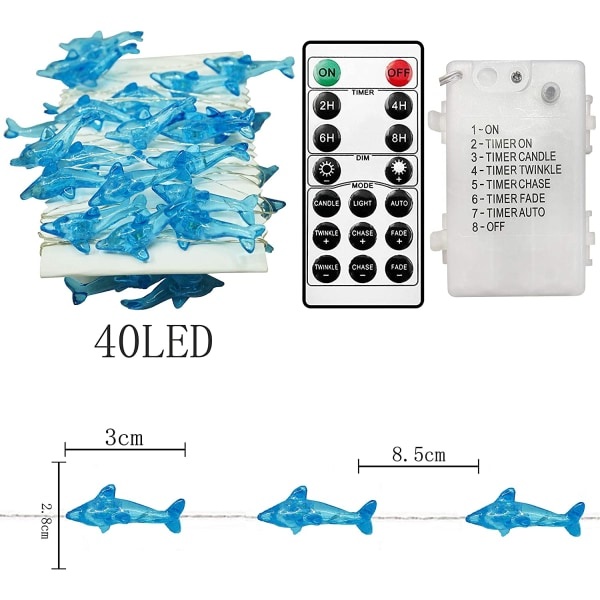 Dekorativa ljusslingor med delfiner, 10 fot 40 LED 8 lägen Cool Wh