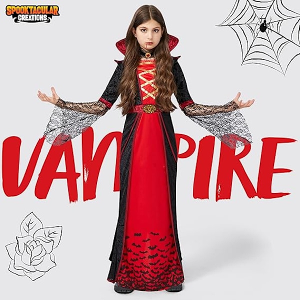 Royal Vampire -asu tytöille, Deluxe-setti Halloween Gothic Victorian Vampiress Queen Pukeutumisjuhliin L L