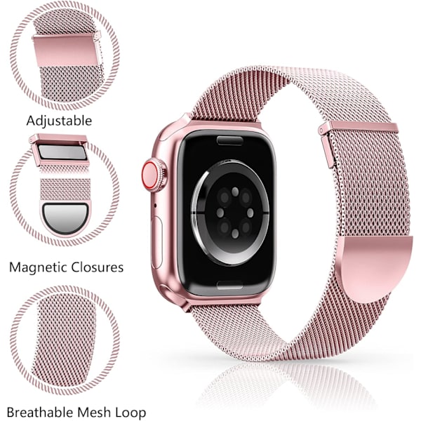 Apple Watch -remmi 41mm 40mm 38mm, Kaksinkertainen magneettinen säädettävä vaihtohihna iWatch Series 9 8 SE 7 6 5 4 3 2 1, Rose Pink Rose gold