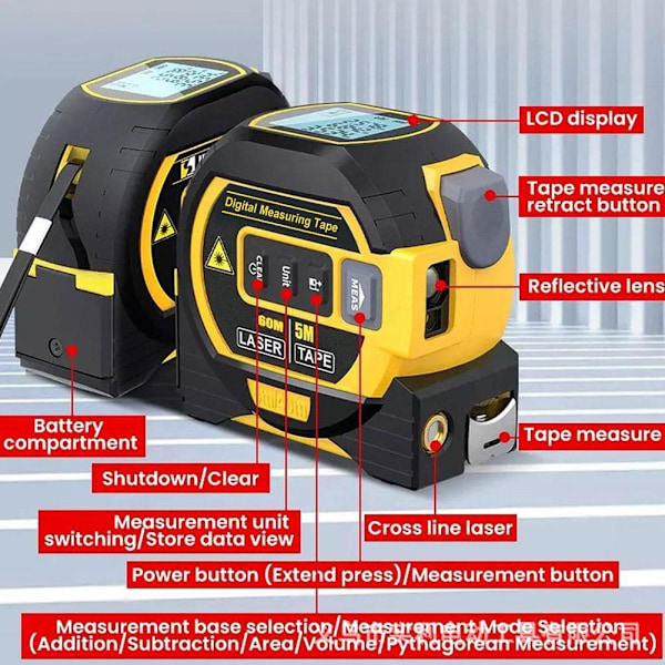 3 i 1 lasermålebånd - Digitalt lasermålebånd, nøyaktig yellow 40m