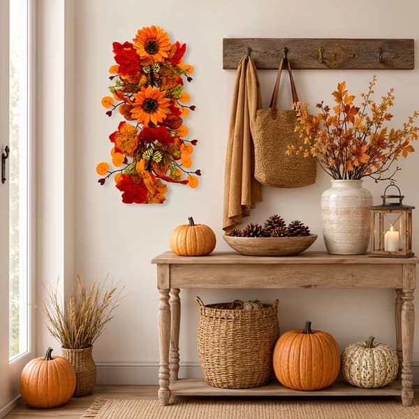 Efterårs hængende vinrankekranssæt med solsikker, ahornblade og sommerfugle til Thanksgiving og efterårsindretning 4pcs Wreath