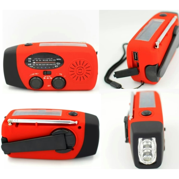 Vevradio / Nödradio med Solceller, Ficklampa, 2000mAh Powerbank röd red