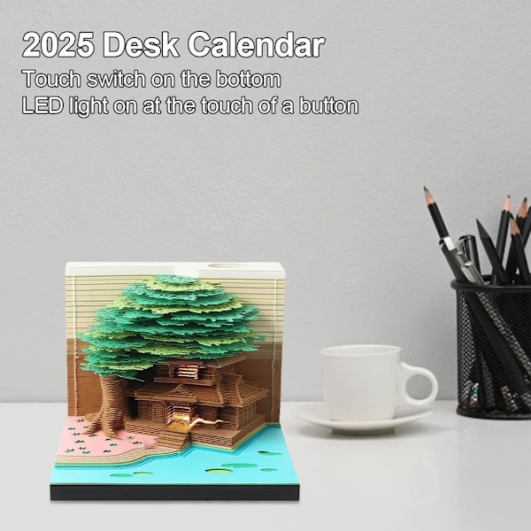 3D-Skrivebords Kalender 2025 med LED-lys, Afrivningspapir, Juledekoration Grøn Green Baumhaus
