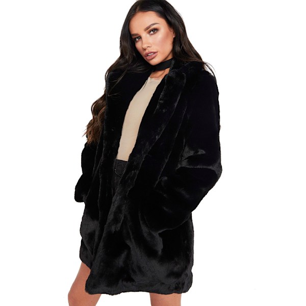 Kvinders varm vinterjakke i kunstig pels med for og knapper - Sort Black XL