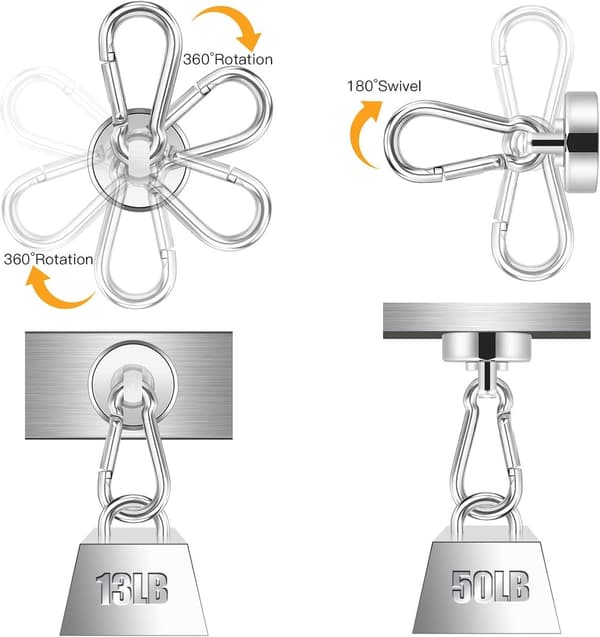 Starka magneter, 22 kg, magnetkrokar med karbinhake, 8-pack, för upphängning och förvaring-FA-