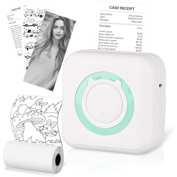Labelprinter Alt-i-en mini printer Bærbar multifunktions fotoprinter Grøn 10 ruller papir