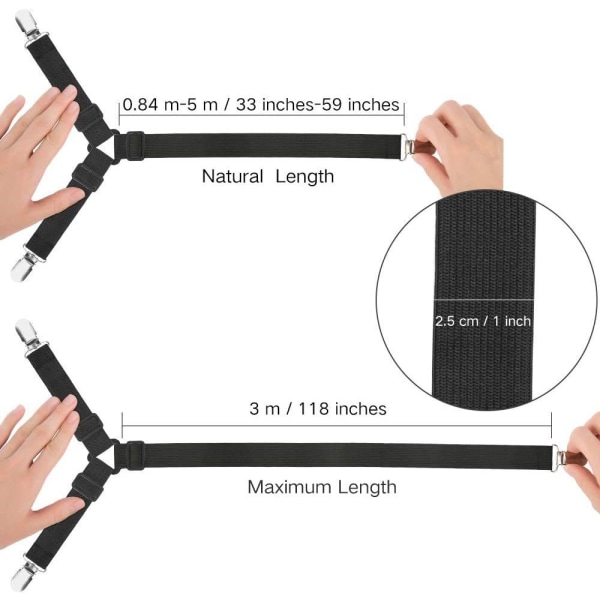 (2 stk) Justerbar lakenstrammer med metallklemmer, plastklemmesystem, justerbar