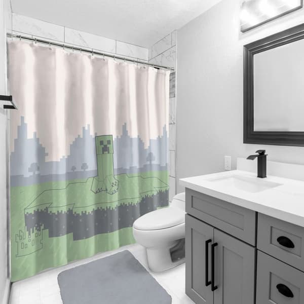 Duschdraperi Minecraft Creeper 178 x 182 cm - Badrumsinredning med videospelsmönster i tyg-FA- Vit, Grön